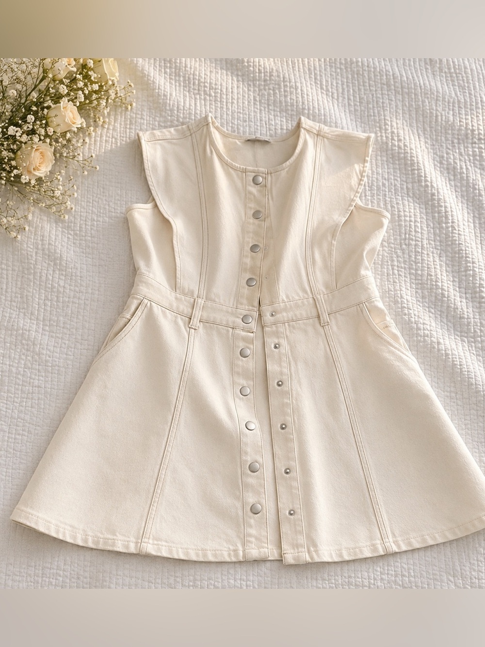 Elegant Cream Dress with Button Accents